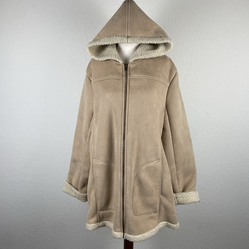 Vtg Merona Penny Lane Coat Womens XL Full Zip Fleece Lined Faux Suede Tan Hooded